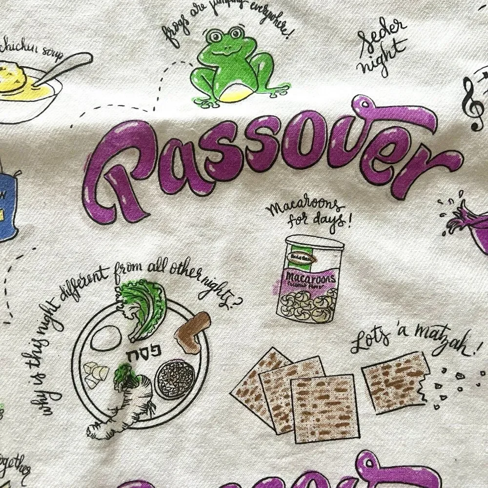 Passover Pesach cotton kitchen towel matzah frogs